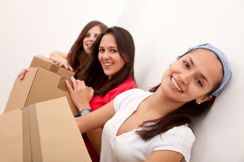 Movers protecting floors and doorways while carrying items indoors